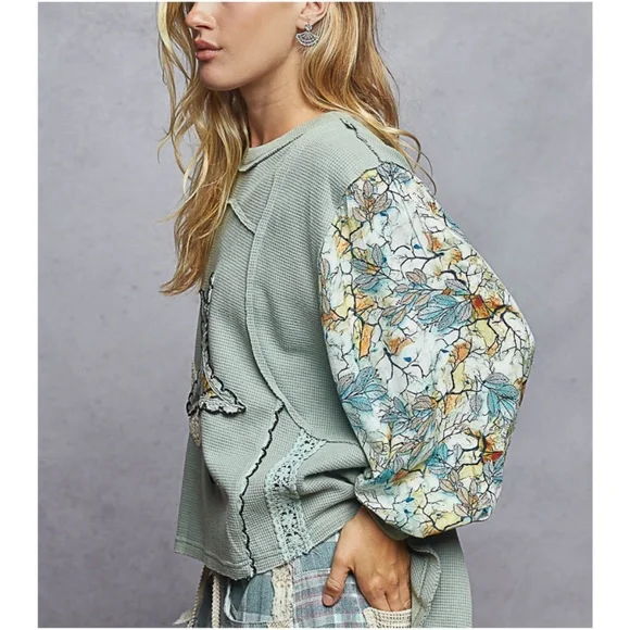 POL Sage Green Star Patch Long Sleeve Top - Picture 2 of 3